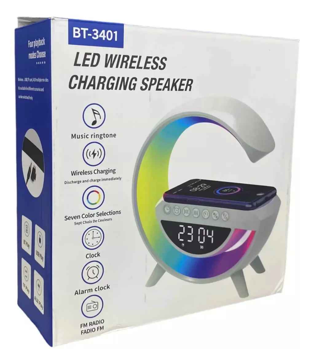 Lampara 6 en 1 diseño G, Cargador Altavoz Bluetooth Reloj despertador Radio FM BT-3401 - Imagen 6