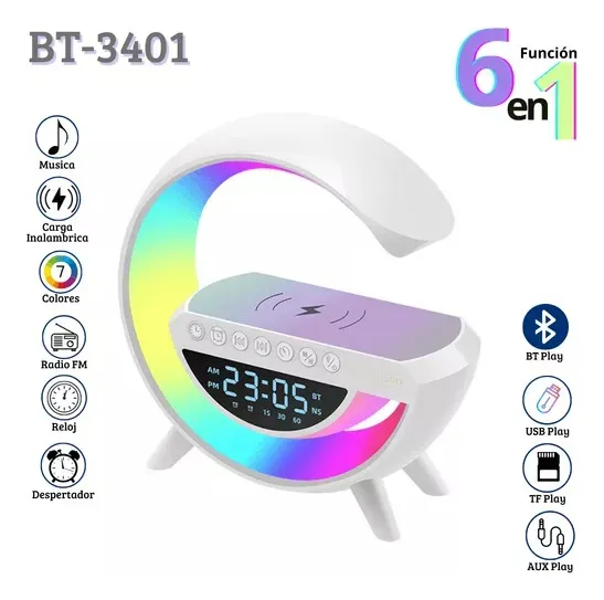 Lampara 6 en 1 diseño G, Cargador Altavoz Bluetooth Reloj despertador Radio FM BT-3401 - Imagen 5