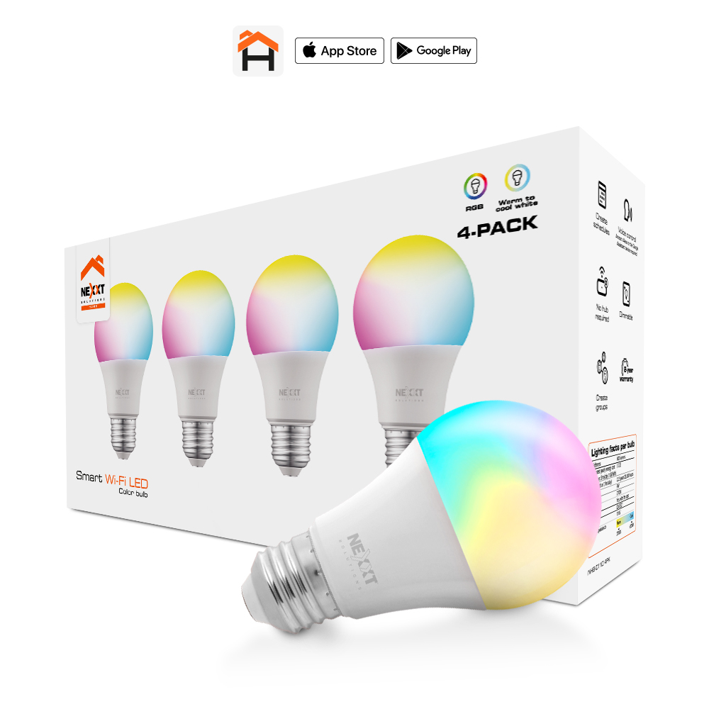 Paquete de Bombillas Inteligentes LED RGB Wi-Fi 9W E26 - Nexxt 4 Unidades