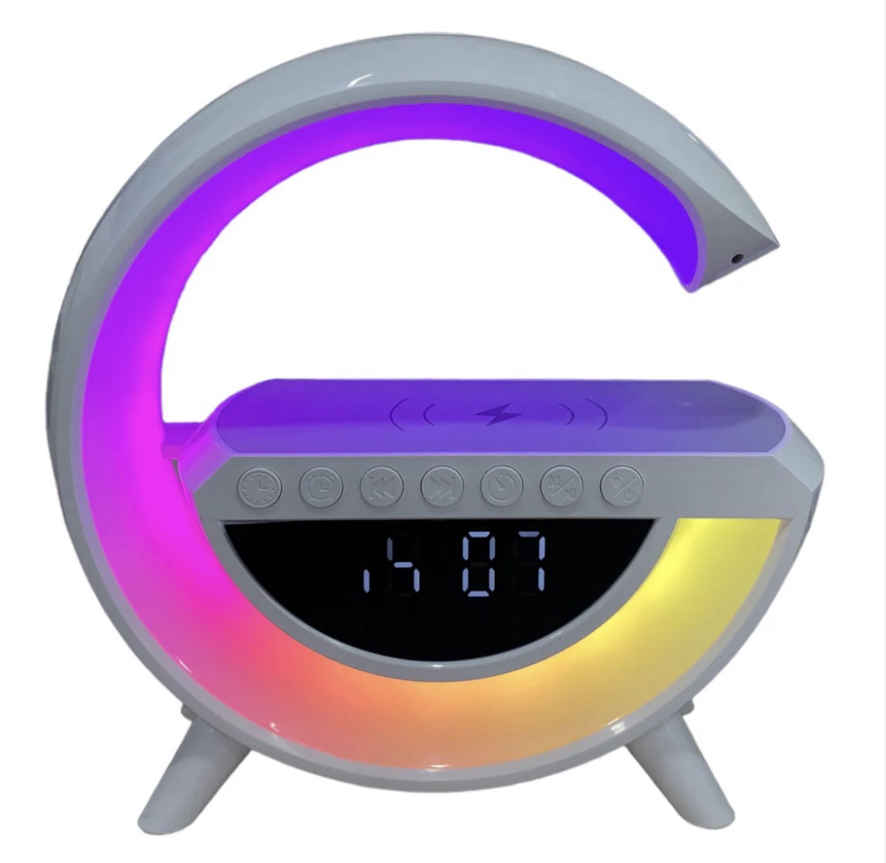 Lampara 6 en 1 diseño G, Cargador Altavoz Bluetooth Reloj despertador Radio FM BT-3401