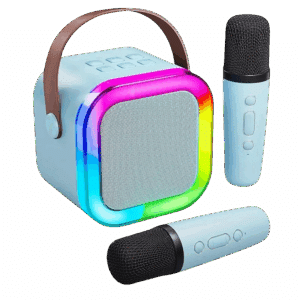 Sistema de Karaoke Portátil Mini con bocina y dos Micrófonos Inalámbricos Celeste