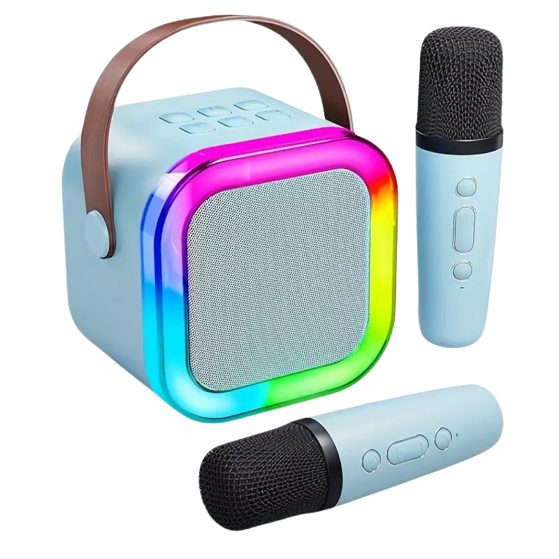 Sistema de Karaoke Portátil Mini con bocina y dos Micrófonos Inalámbricos Celeste