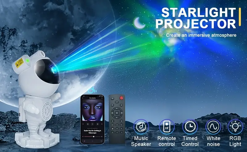 Proyector de Estrellas de la Galaxia con Astronauta luz nocturna con altavoces de música, control remoto y control de teclas - Alimentado por USB - Imagen 12