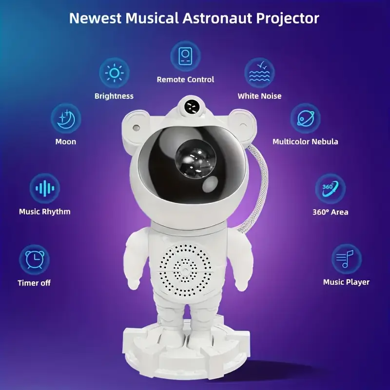 Proyector de Estrellas de la Galaxia con Astronauta luz nocturna con altavoces de música, control remoto y control de teclas - Alimentado por USB - Imagen 16