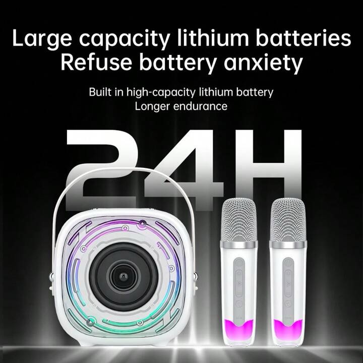 Bocina de karaoke Bluetooth K29 blanca con luz LED y  dos micrófonos inalámbricos - Imagen 2