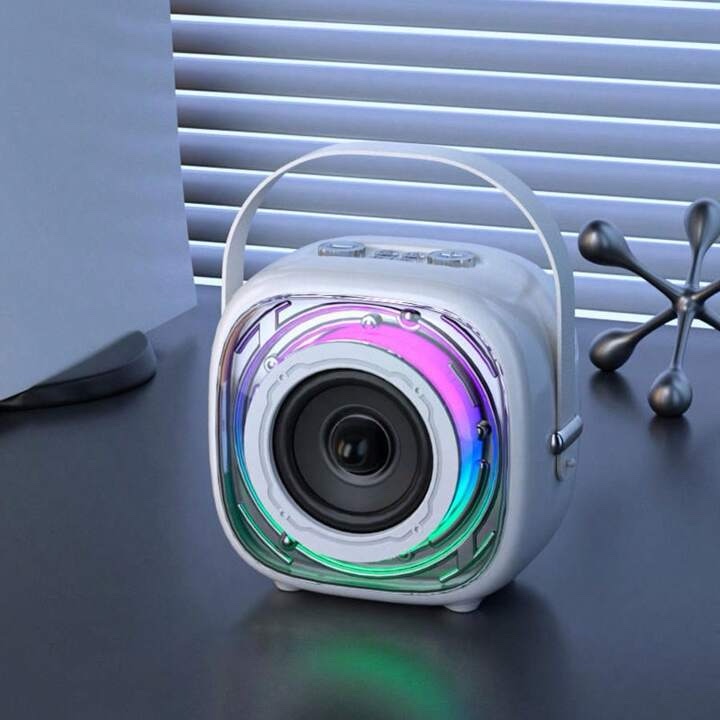 Bocina de karaoke Bluetooth K29 blanca con luz LED y  dos micrófonos inalámbricos - Imagen 9