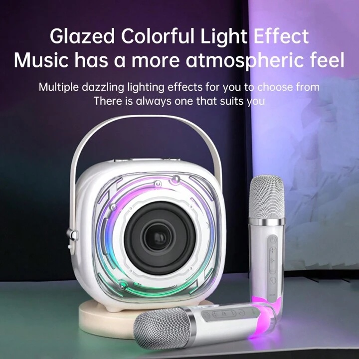 Bocina de karaoke Bluetooth K29 blanca con luz LED y  dos micrófonos inalámbricos - Imagen 7