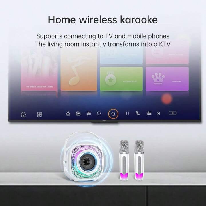 Bocina de karaoke Bluetooth K29 blanca con luz LED y  dos micrófonos inalámbricos - Imagen 8