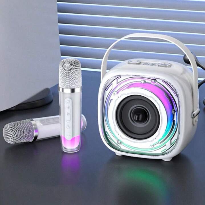 Bocina de karaoke Bluetooth K29 blanca con luz LED y  dos micrófonos inalámbricos
