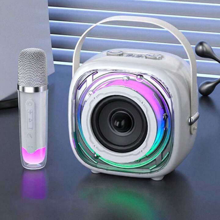 Bocina de karaoke Bluetooth K29 blanca con luz LED y  dos micrófonos inalámbricos - Imagen 10
